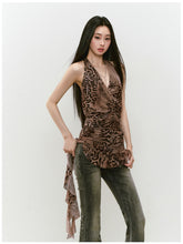 Halter Leopard Print Gathered-Waist Sleeveless Dress - CHINASQUAD