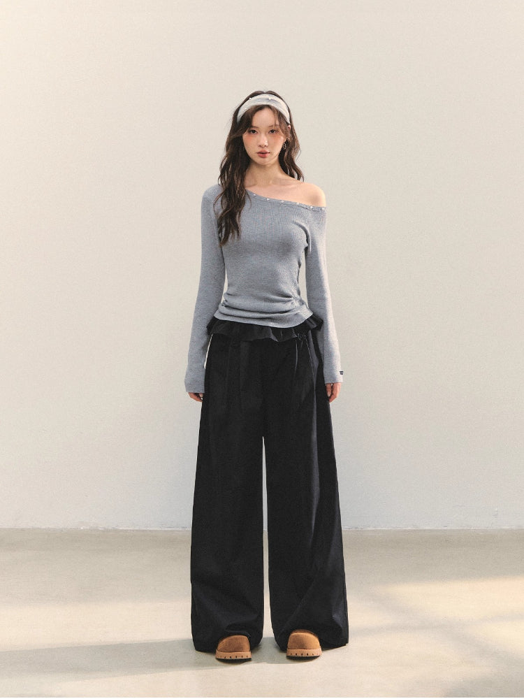 Turned-over Waist Straight-leg Casual Pants