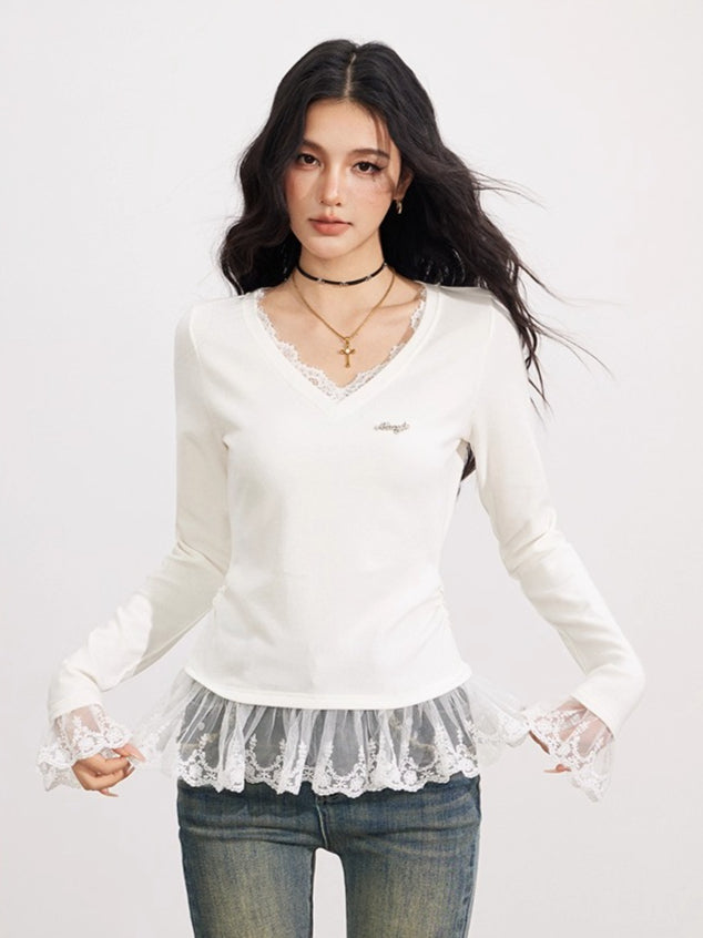 Lace Panel V-Neck Slim-Fit Long Sleeve T-Shirt - CHINASQUAD