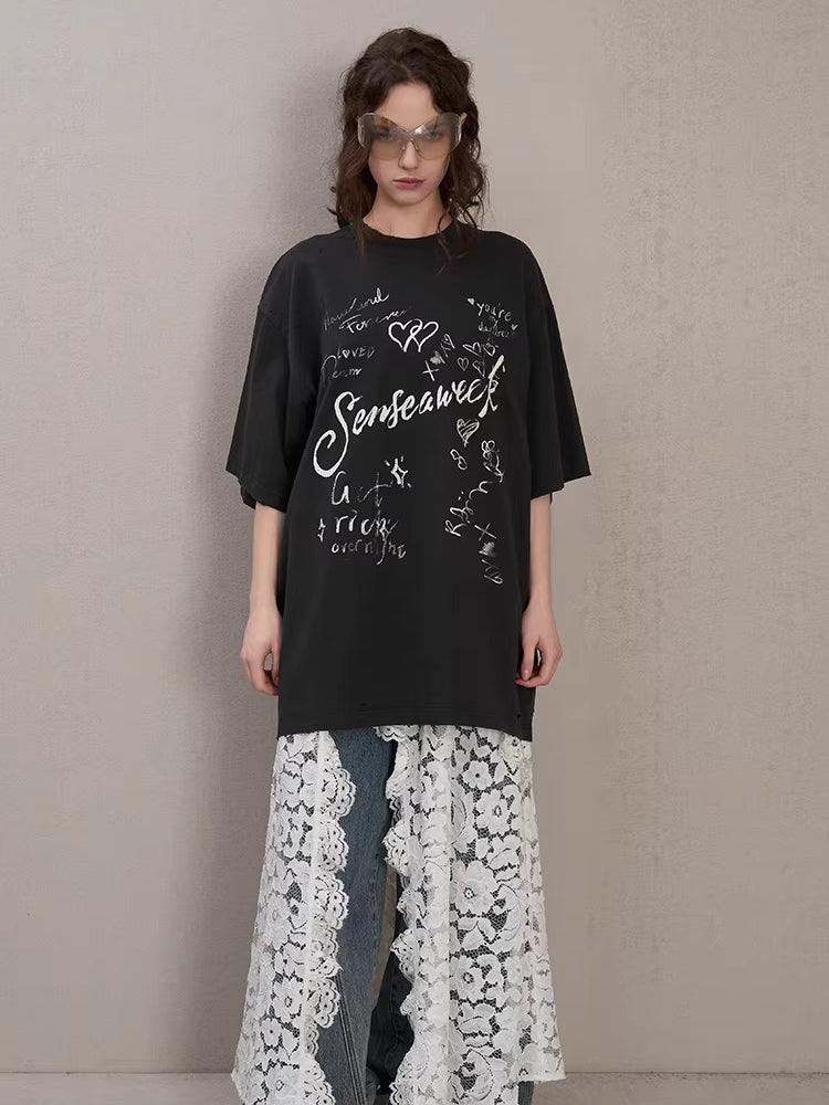 Letter Print Distressed Oversized T-Shirt