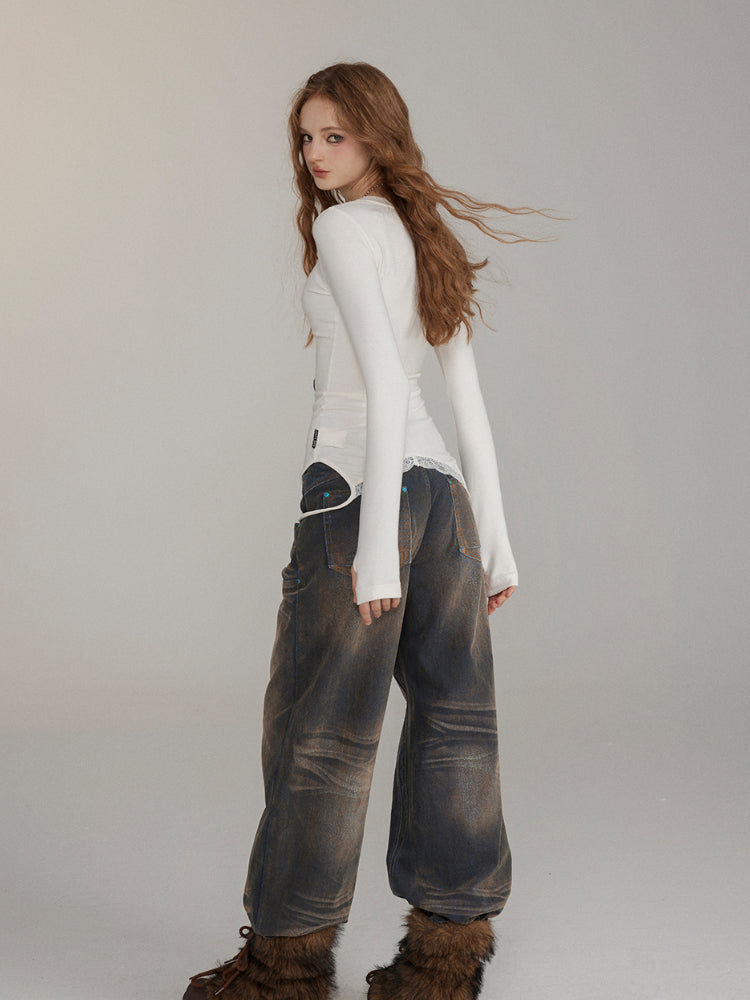 Lace-Trimmed Slim Fit Long-Sleeve Blouse - CHINASQUAD