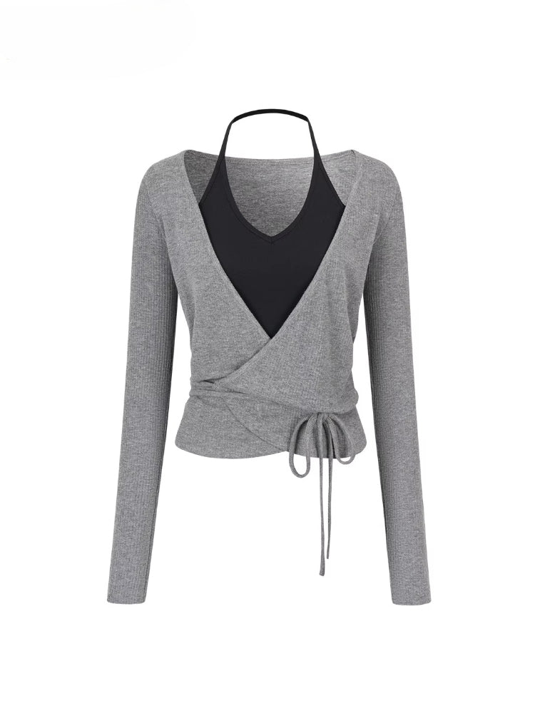Fake Two-Piece Color-Blocked Strappy T-Shirt - CHINASQUAD