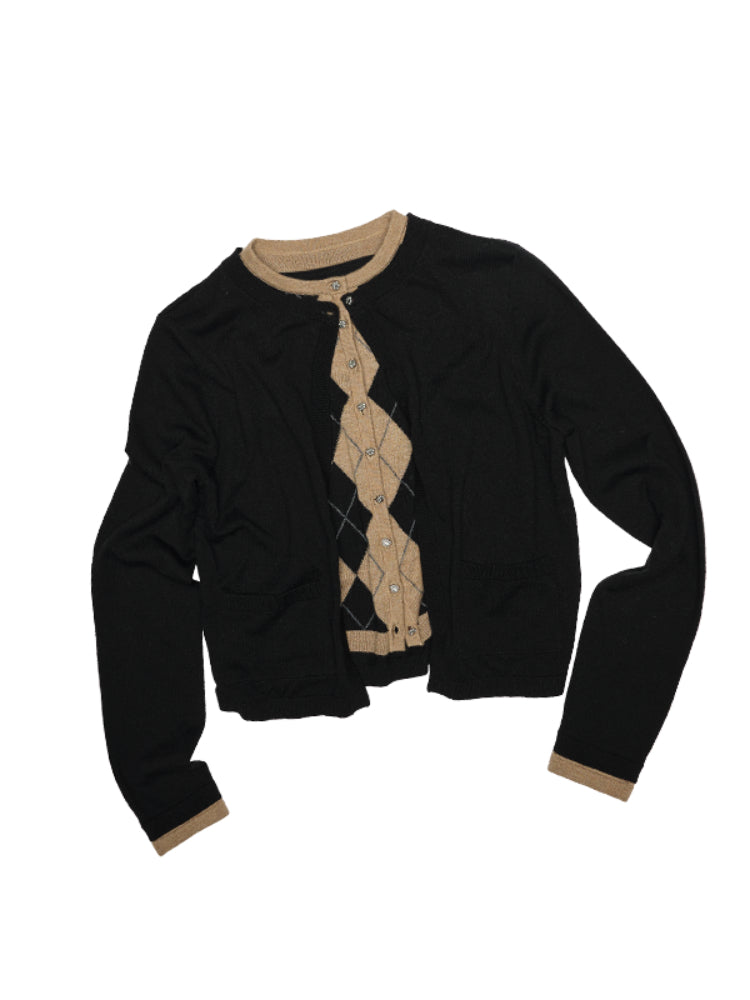 Diamond Pattern Fake Two-Piece Cardigan & Pant Set - CHINASQUAD