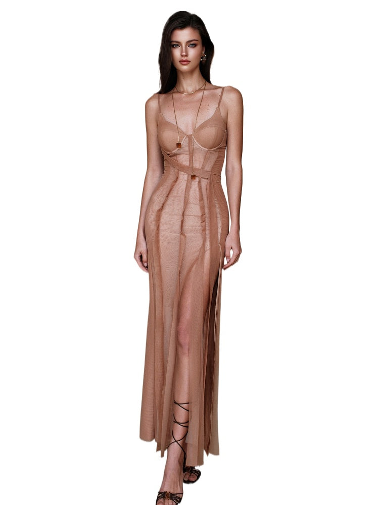 High-Split Patchwork Spaghetti Strap Dress - CHINASQUAD