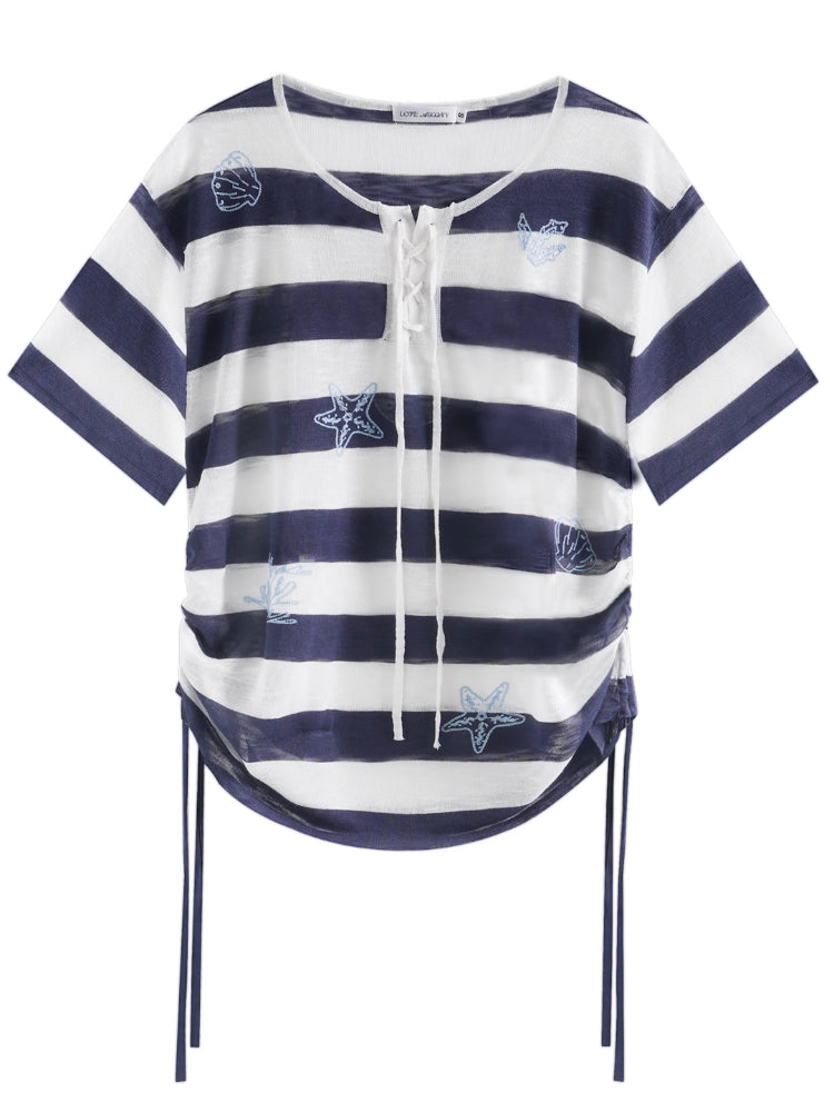 Striped Embroidery Drawstring Tie T-Shirt - CHINASQUAD