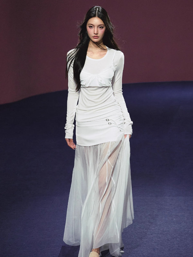 Lyocell Fake Two-piece Sheer Blouse & Skirt Set