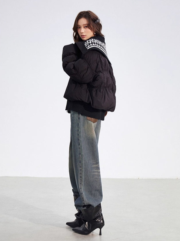 Contrast Panel Sailor Collar Down Jacket