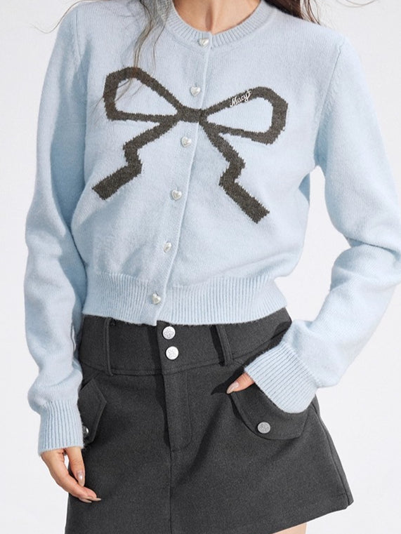 Bow Detail Cropped Knit Cardigan
