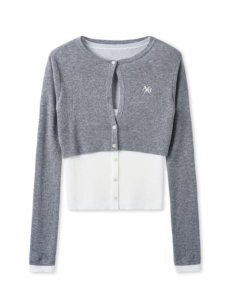 Fake Two-piece Layered Contrast-color Cardigan - CHINASQUAD