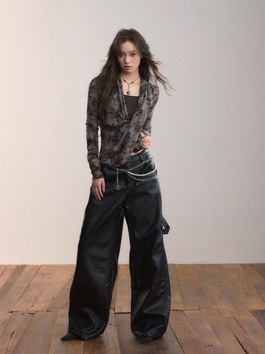 Sheer Lace Draped Crossover Blouse - CHINASQUAD