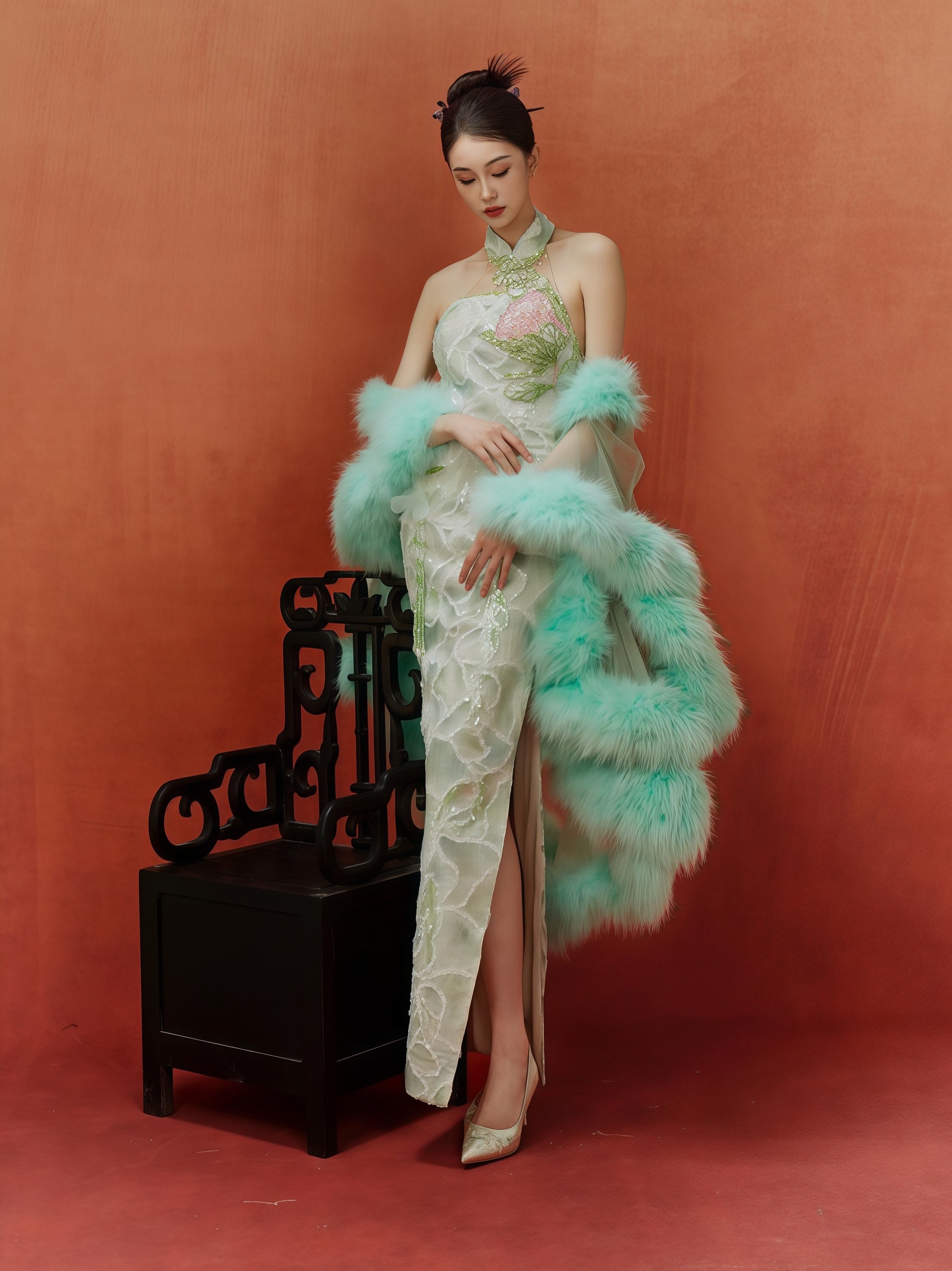 Mint Green Embroidered Halter Cheongsam with Feather Trim Shawl