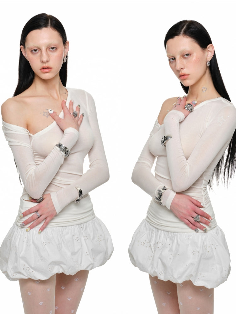 Deconstructed Buttoned Asymmetrical Shoulder Crewneck - CHINASQUAD