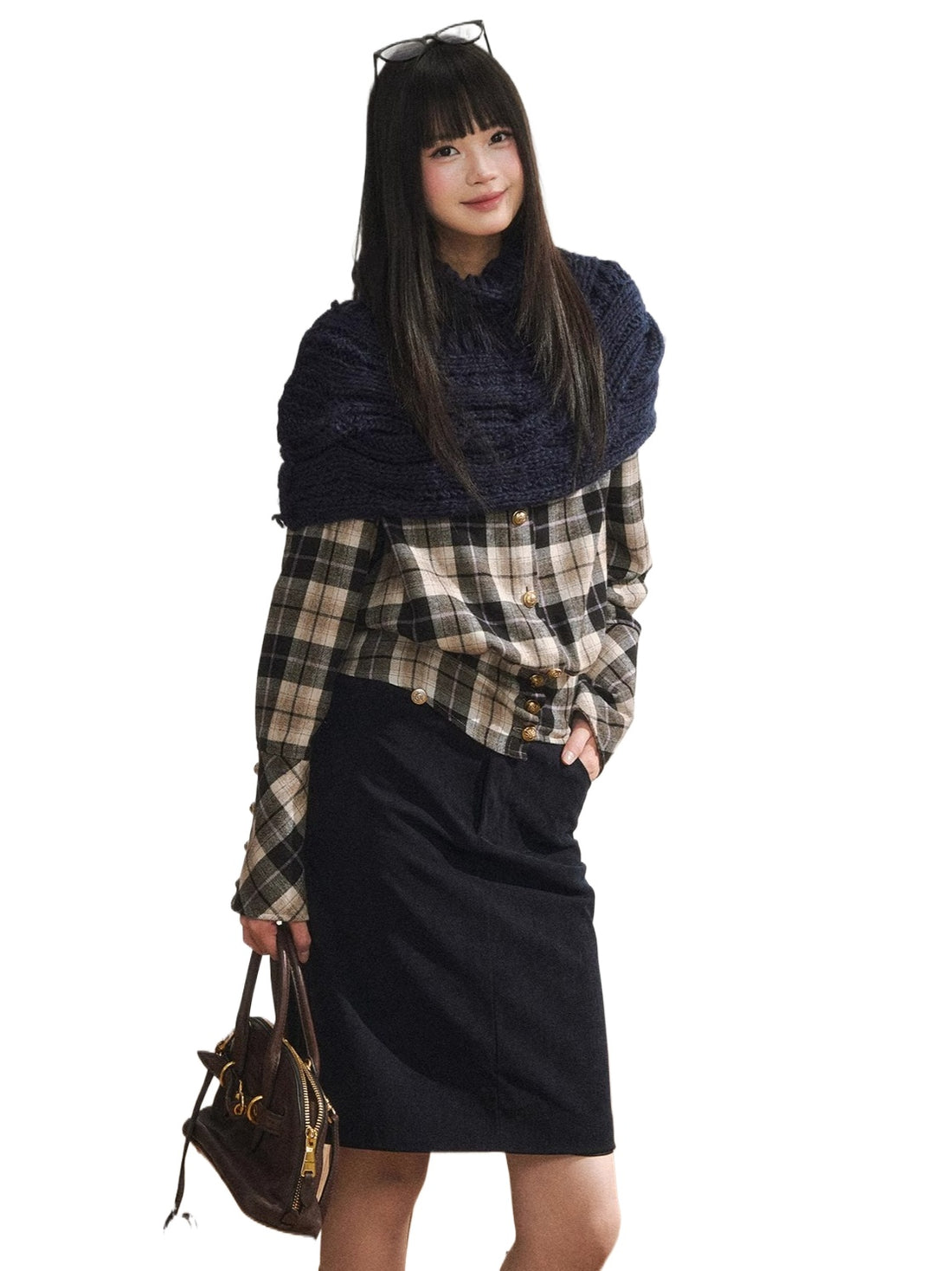 Vintage Plaid Contrast-Panel Fitted Shirt Crewneck