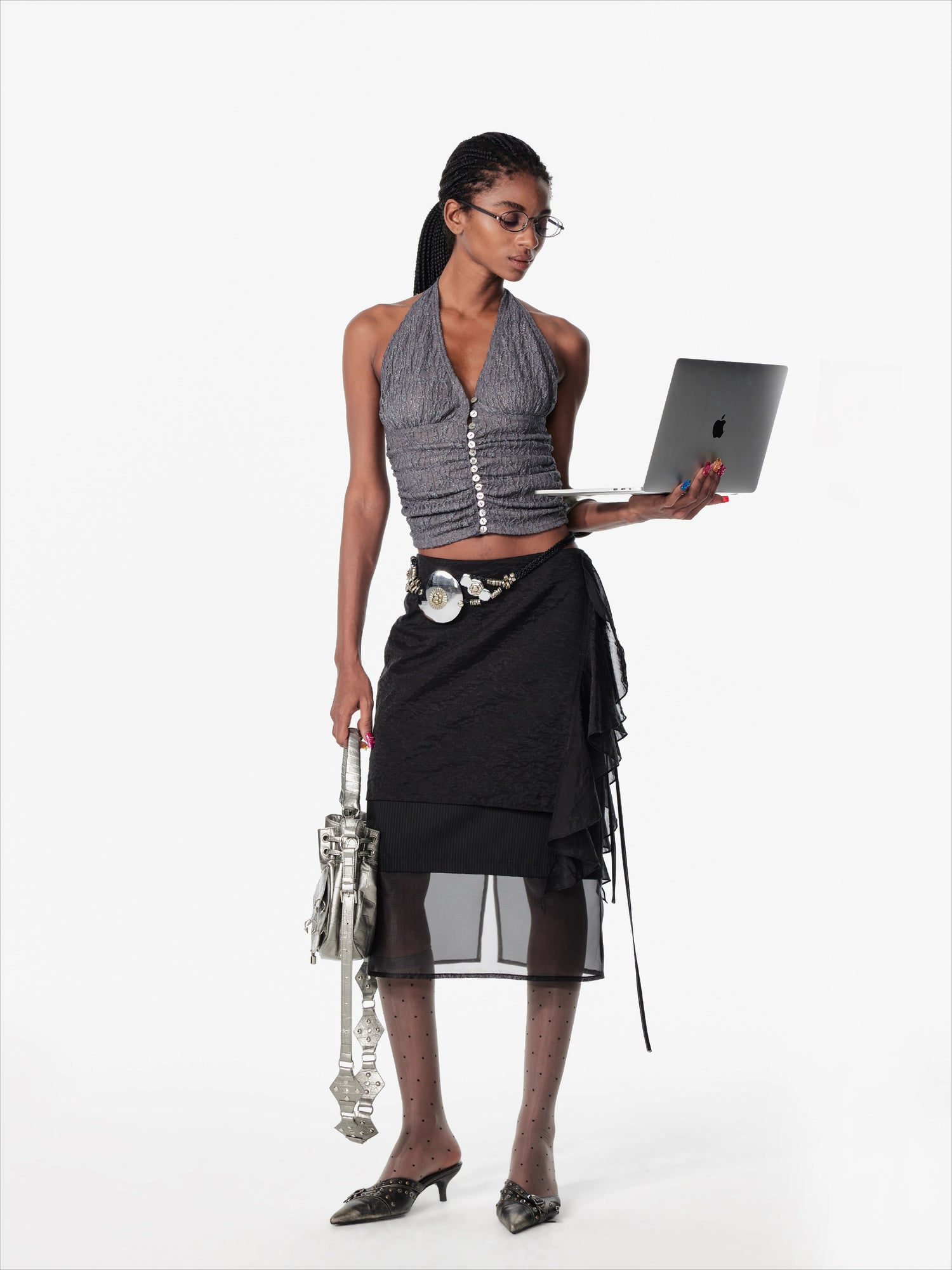 Layered Mesh Tie-Up Midi Skirt - CHINASQUAD