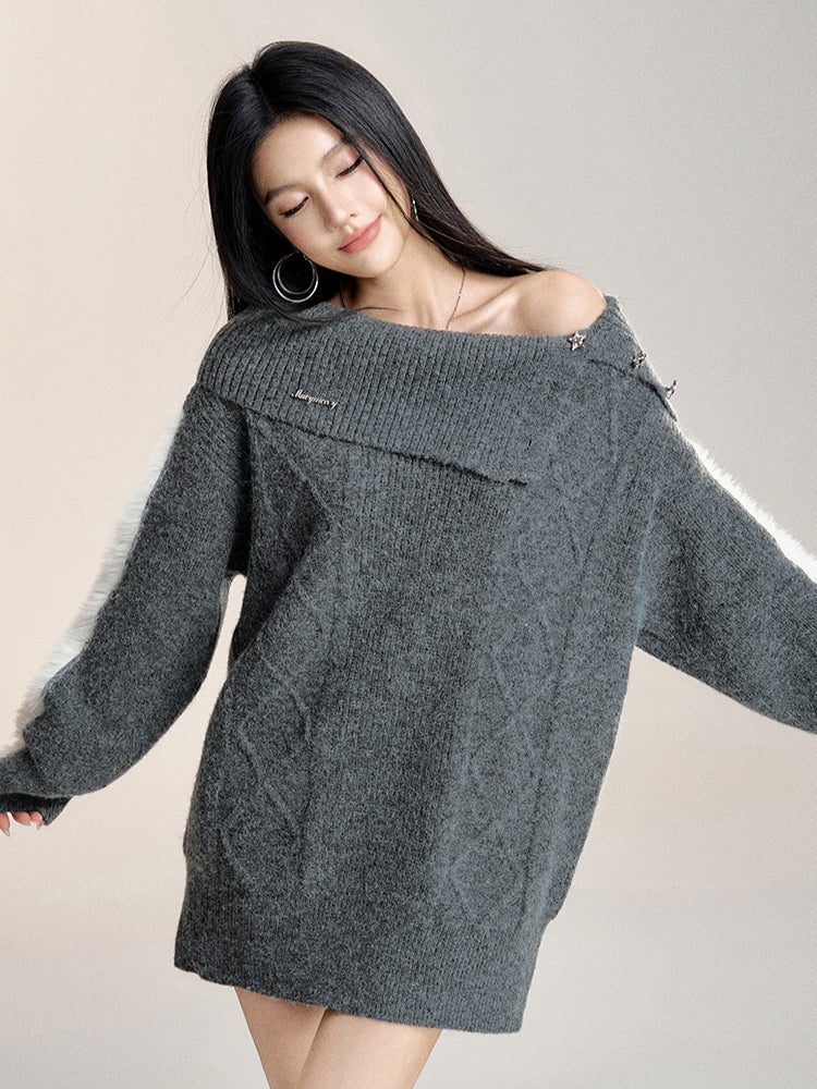 Gray Off-the-shoulder Oversized Sweater - CHINASQUAD