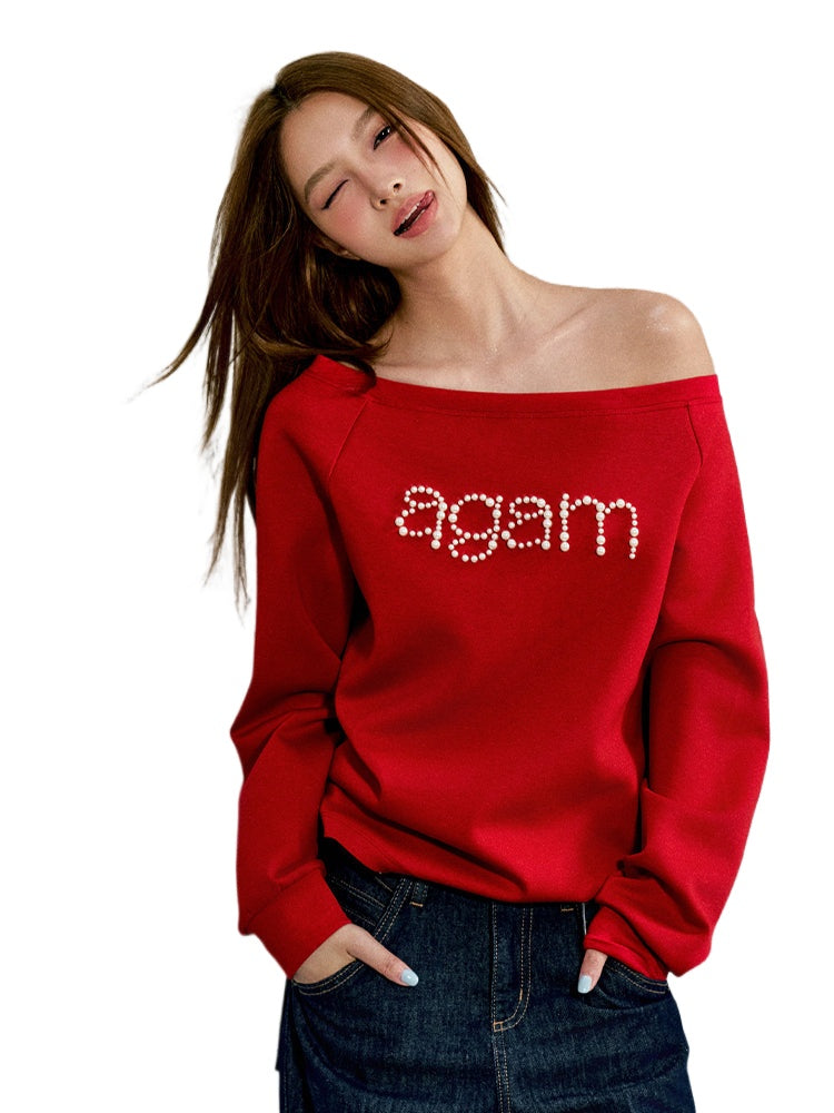 Red & Gray Pearl-studded Off-shoulder Sweatshirt - CHINASQUAD