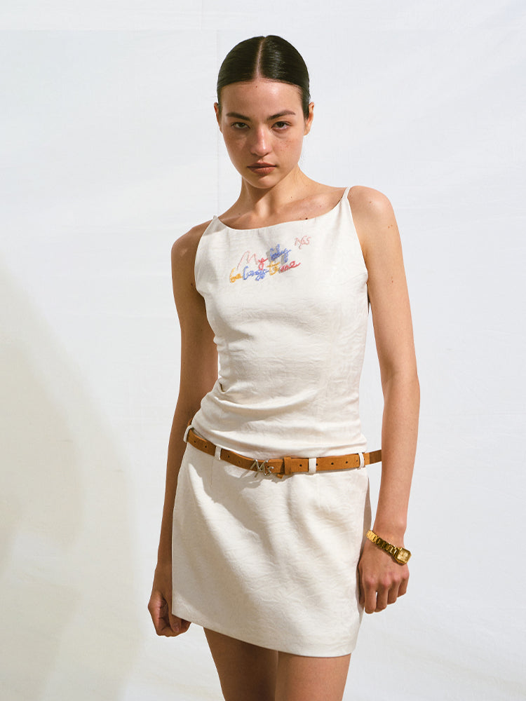 Fake Two-Piece Beaded Embroidery Cami Dress - CHINASQUAD