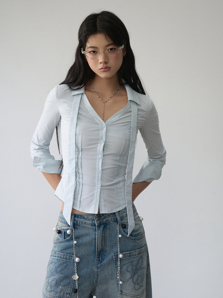 Contrast-colored Collared Waist-cinched Shirt - CHINASQUAD
