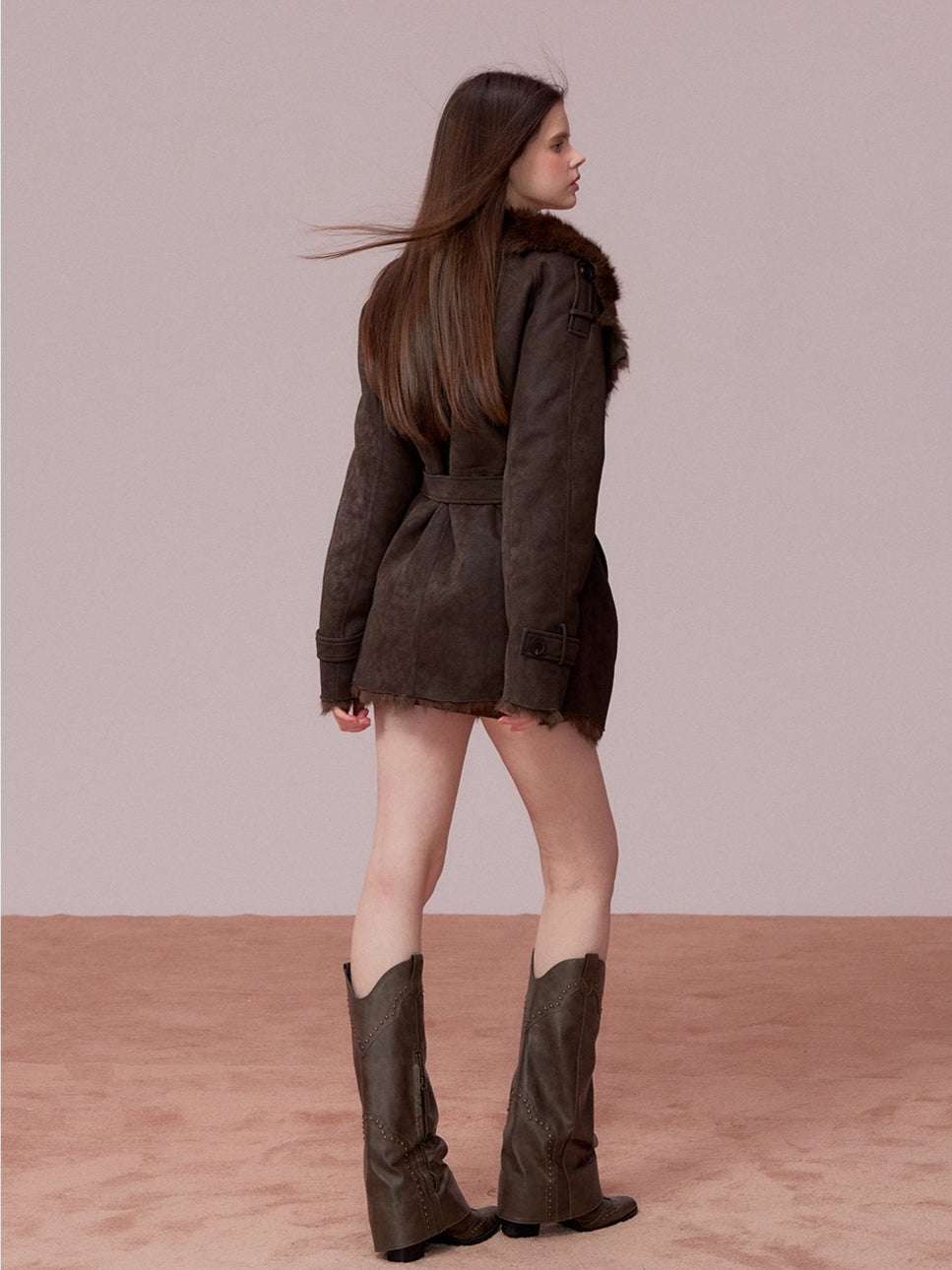 Faux Shearling-Lined PU Belted Coat