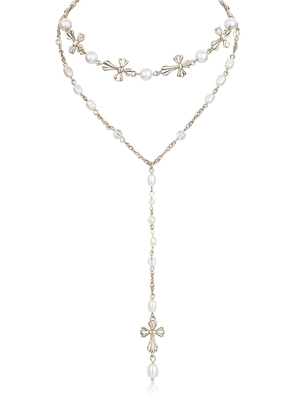 Double-Layered Pearl Fleur-de-Lis Y Necklace - CHINASQUAD