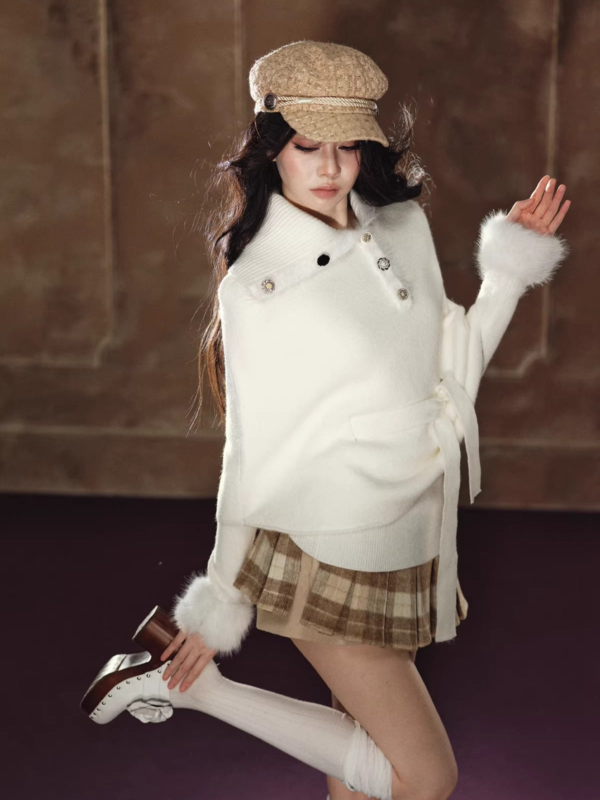 Faux Fur Base Top & Waist-Cinching Cape Knit Set