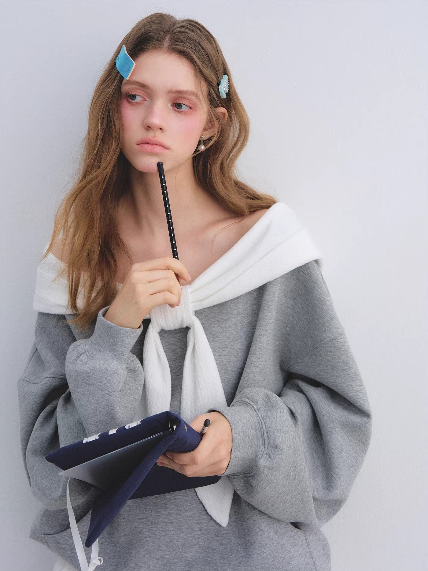 Rabbit-Ear Bow Off-Shoulder Hooded Sweatshirt