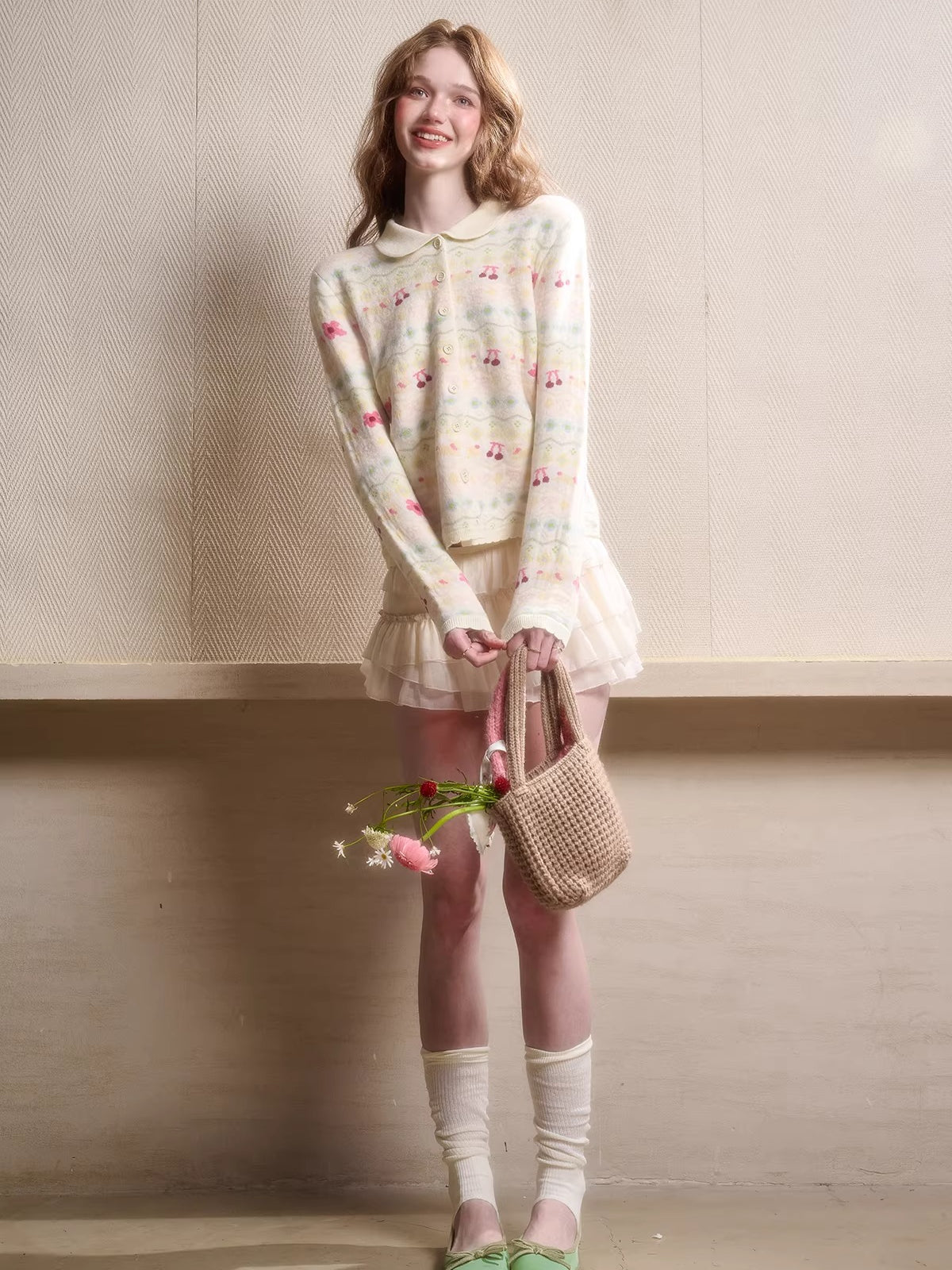 Jacquard Doll-Collar Knit Cardigan