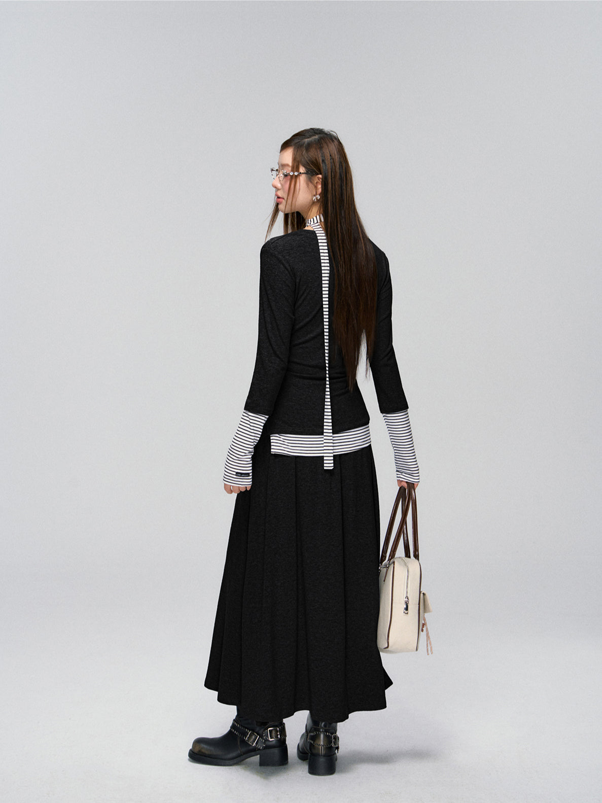 Striped Layered V-neck Knit & Skirt Set - CHINASQUAD