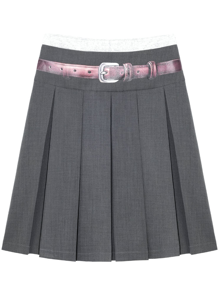 Fake Two-piece Printed Belted Pleated Skirt - CHINASQUAD