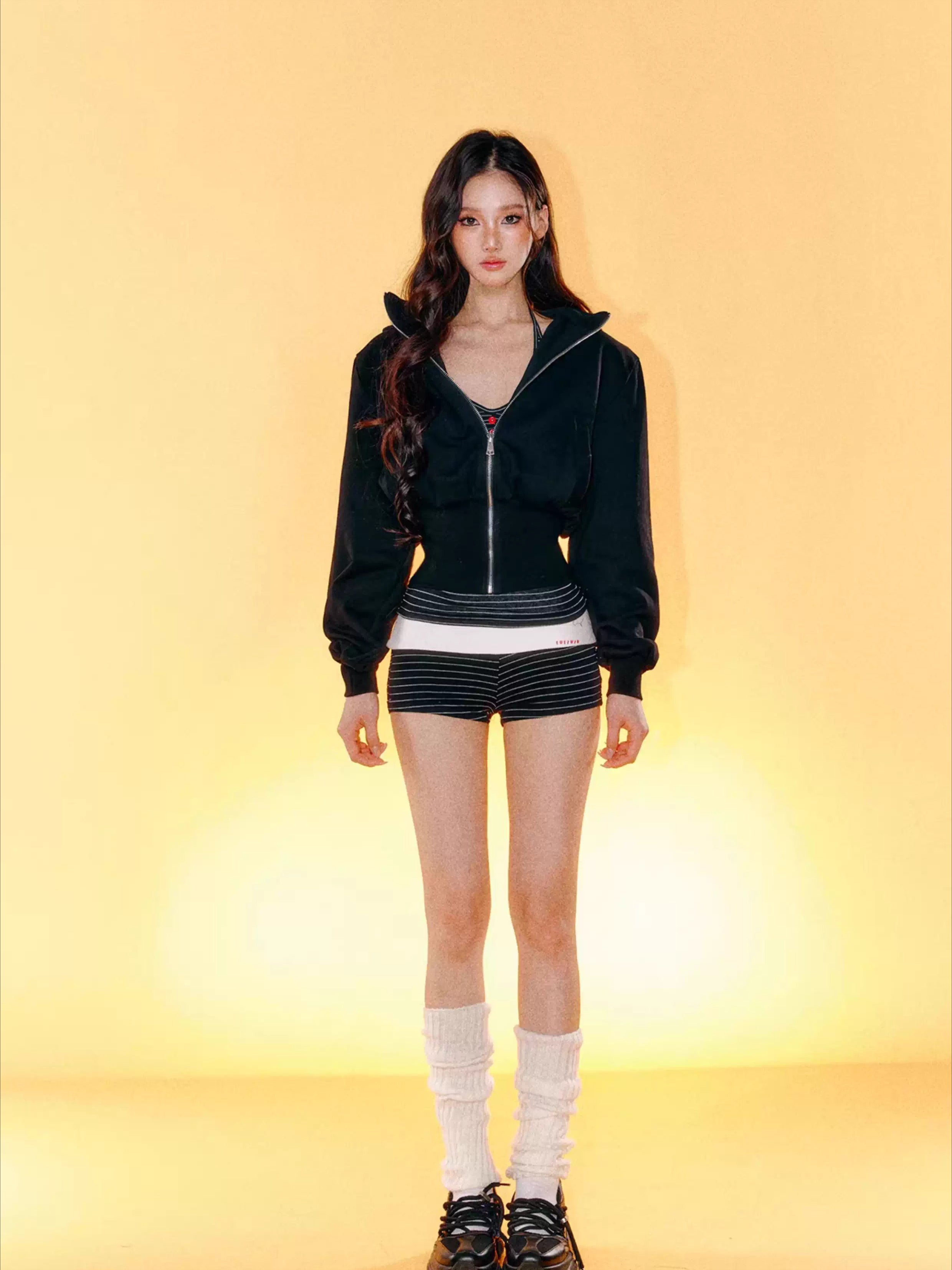 Hoodie Top Striped Inner Cami & Shorts Set