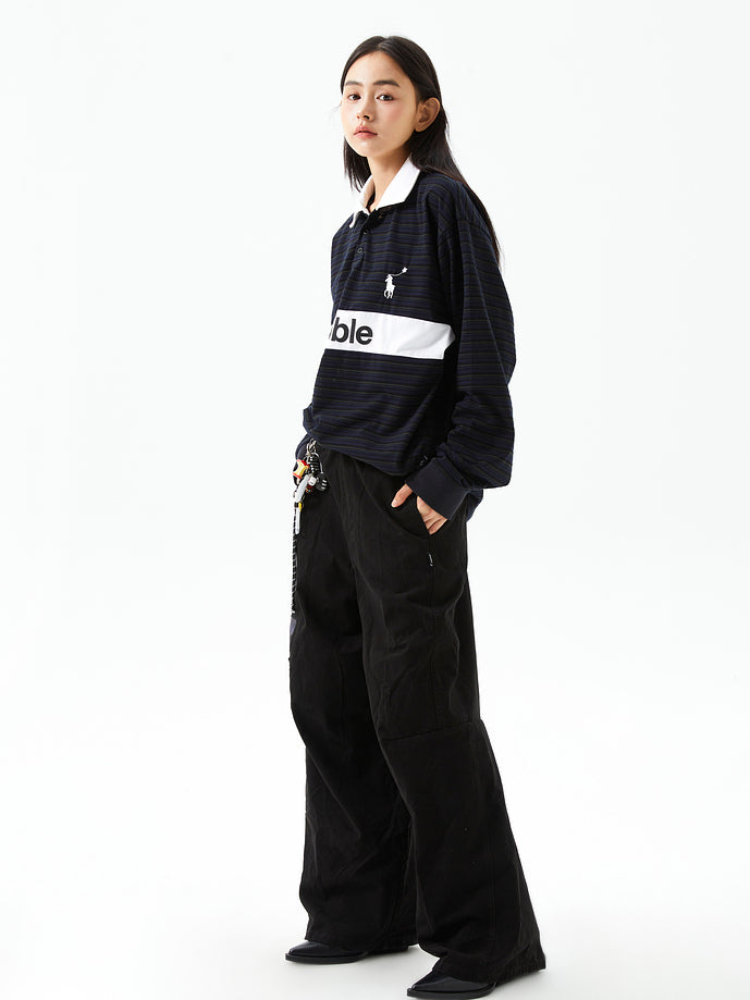 Vintage Striped Color-Block Long Sleeve Polo