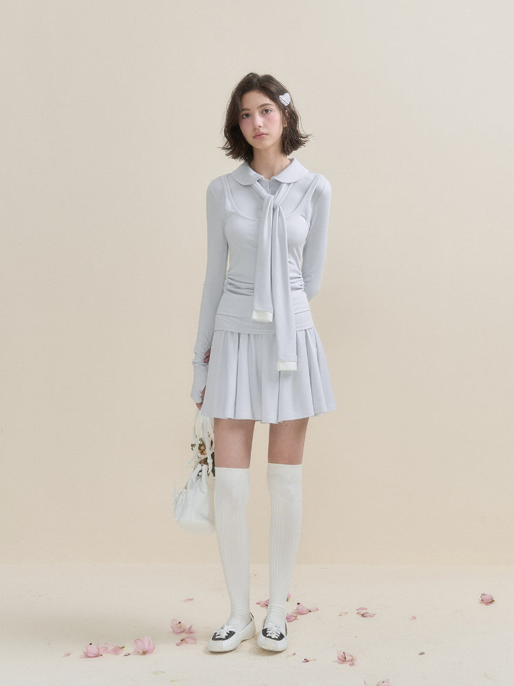 White & Blue Collared Knit Top & Skirt Set - CHINASQUAD