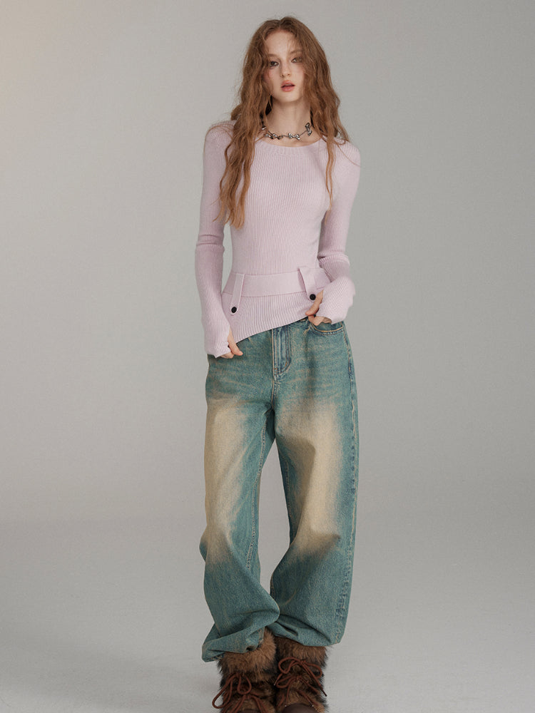 Waist-Cinched Wool Blend Crewneck - CHINASQUAD