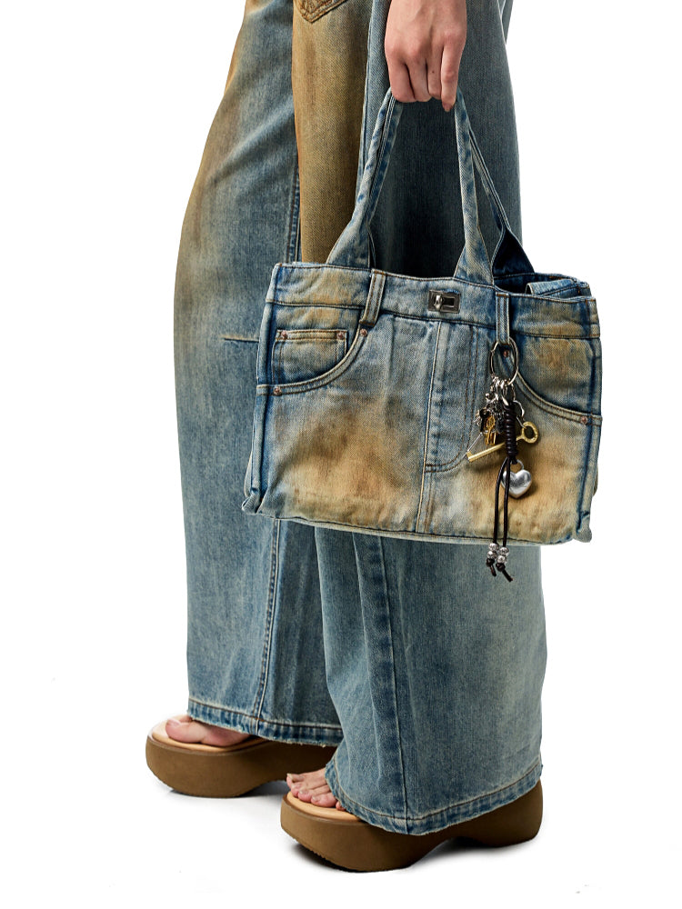 Distressed Printed Denim Tote Bag - CHINASQUAD