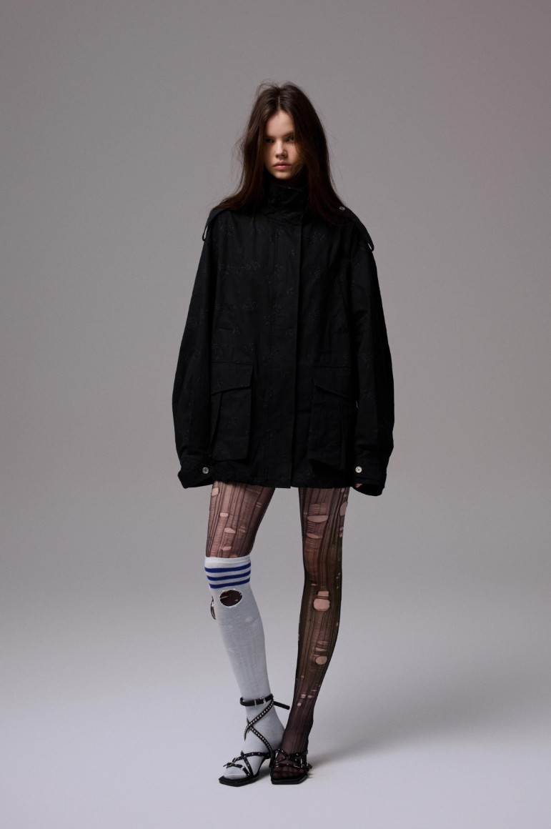 Embroidered Jacquard Multi-Pocket Stand-Collar Utility Jacket