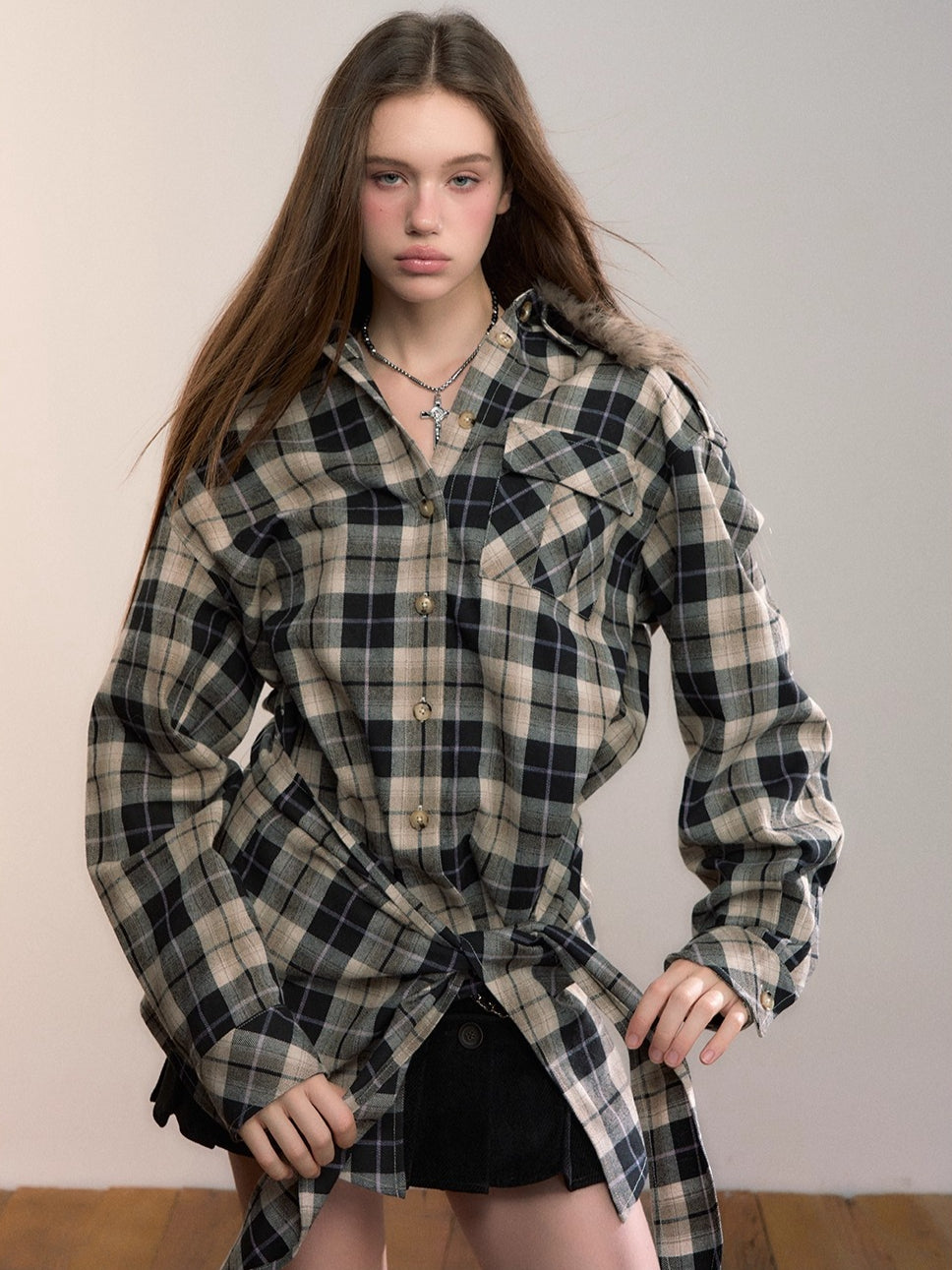Plaid Detachable Fur Collar Two-Piece Shirt Set