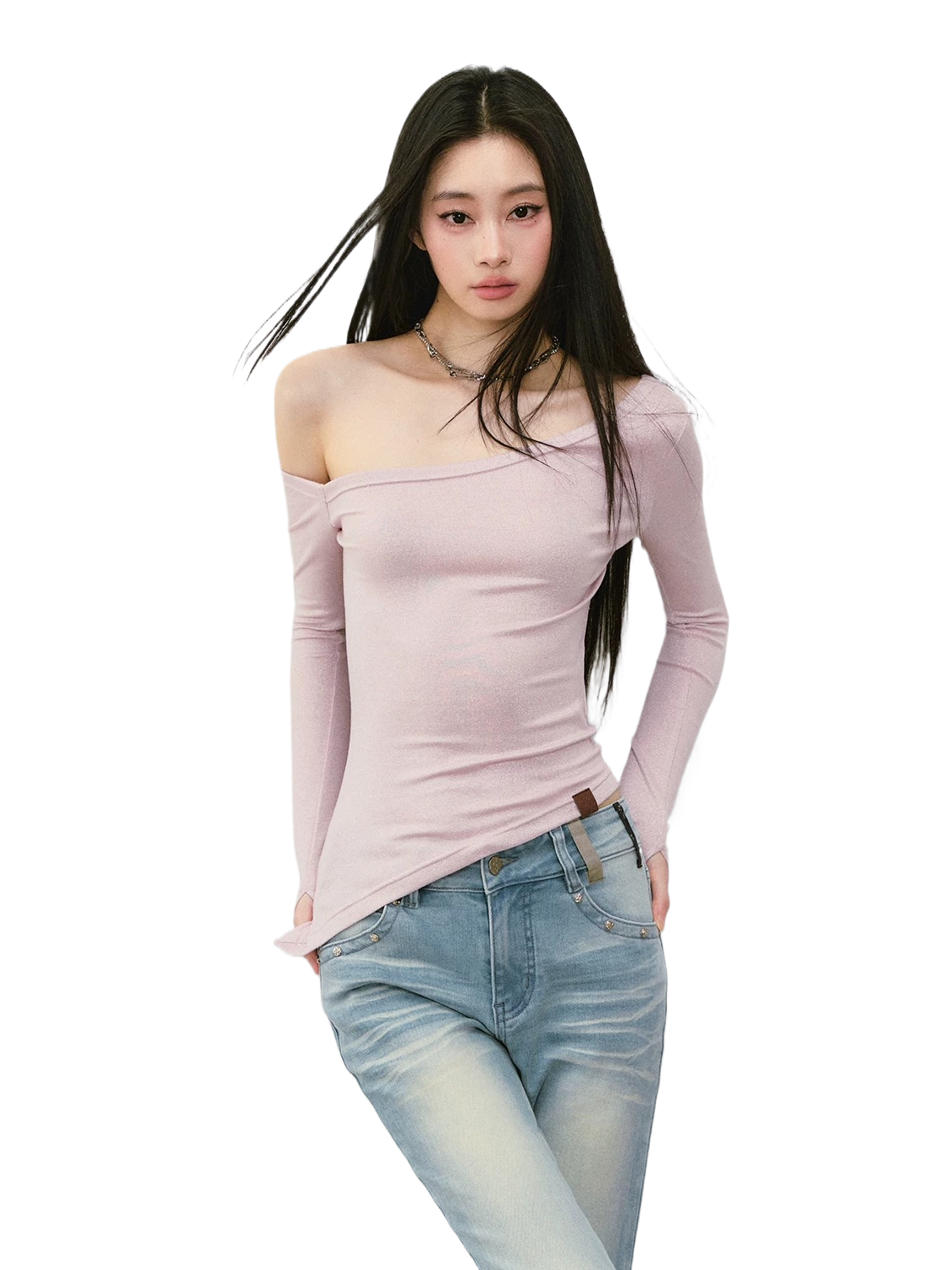 Shimmer Asymmetric Shoulder Irregular T-shirt