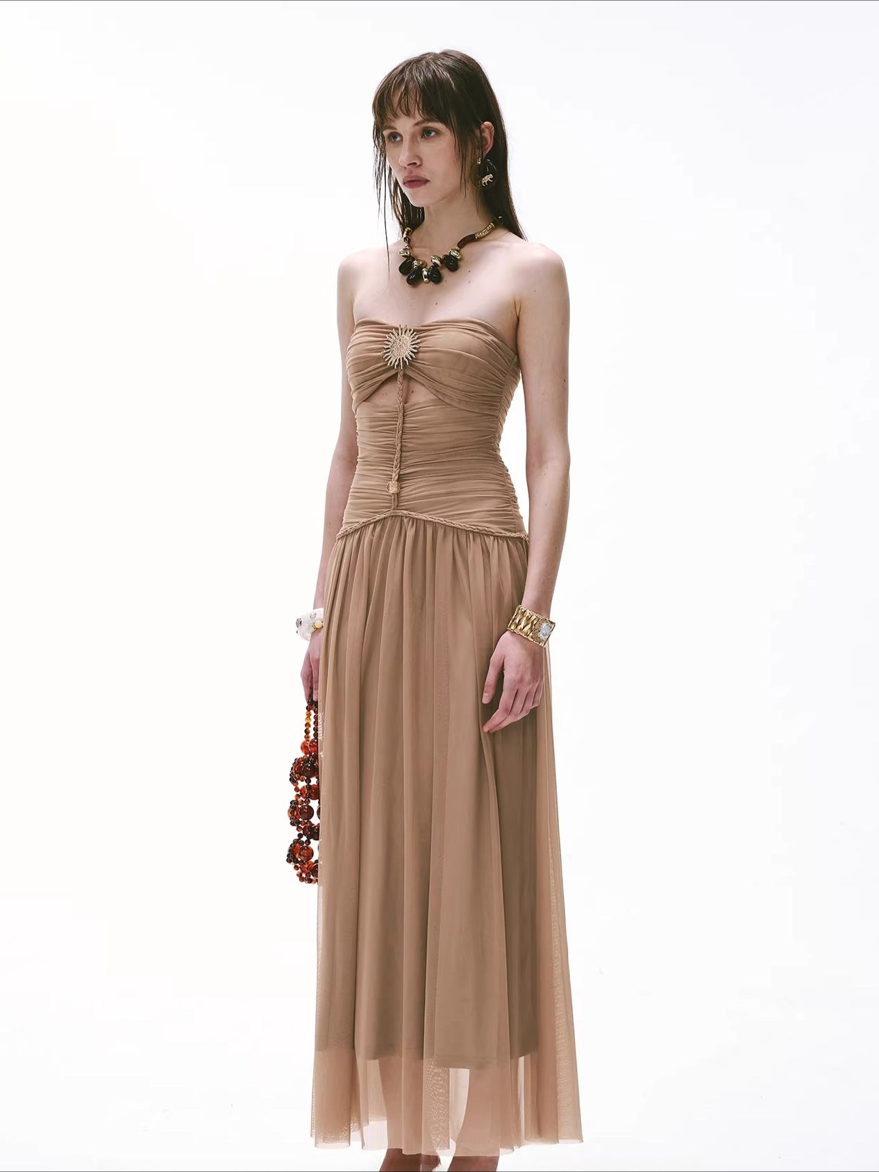 Cool-Goddess Strapless Braided Ruched Maxi Dress