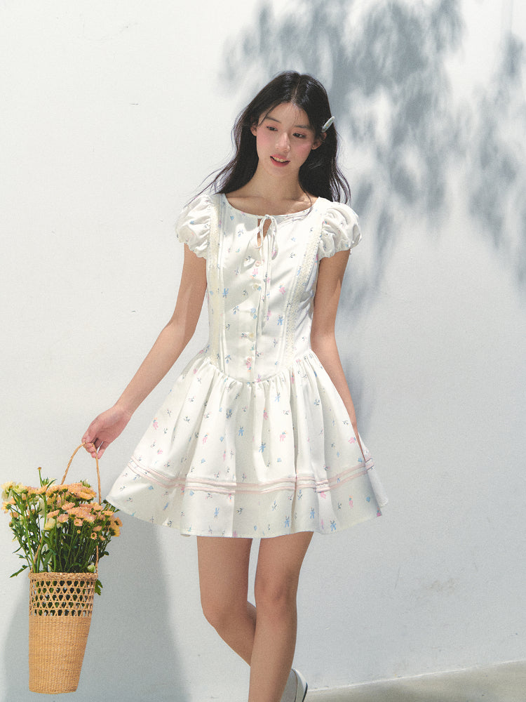 Puff Sleeve Printed Waist - cinching Dress - CHINASQUAD