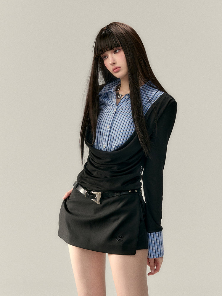 Fake Two-Piece Plaid Spliced Shirt - CHINASQUAD