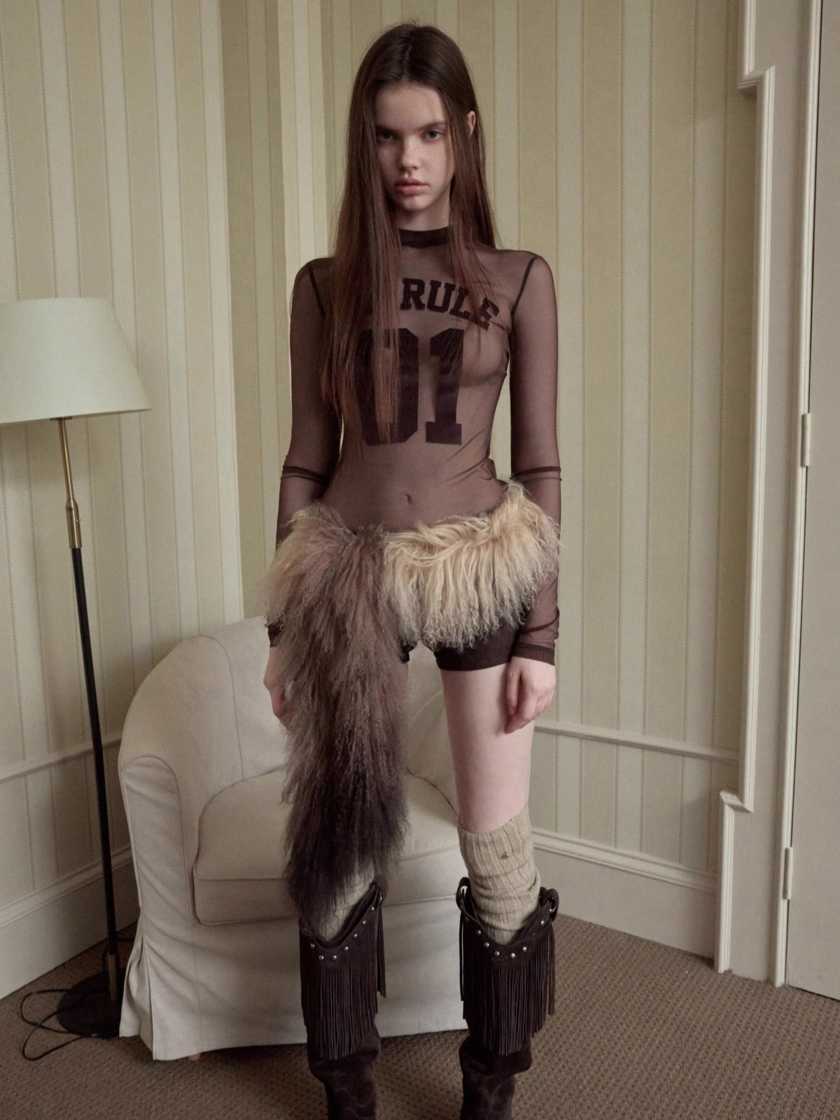 Velvet-Textured Sport Print Mesh Blouse