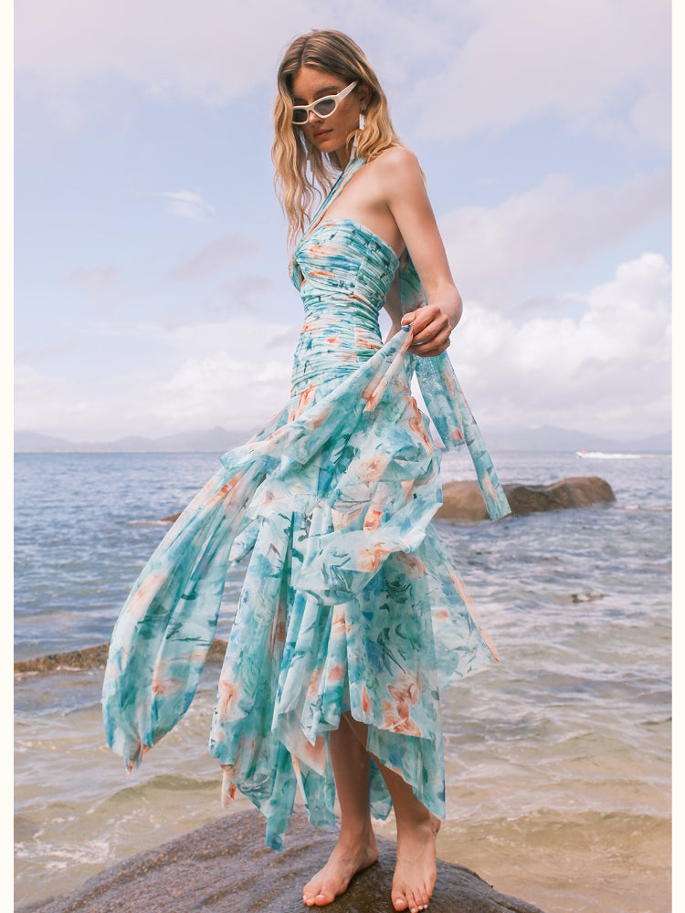 Evelyn Floral Ribbon Neckline Hollow-out Dress - CHINASQUAD