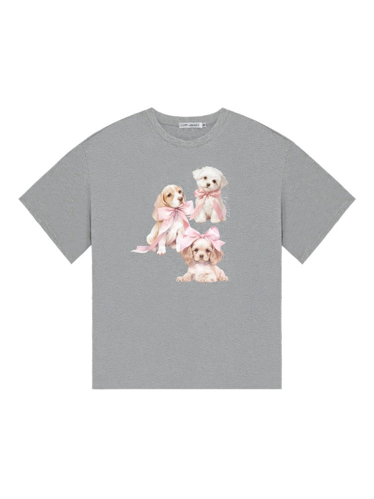 Bowknot Puppy Print Short-Sleeve T-Shirt - CHINASQUAD