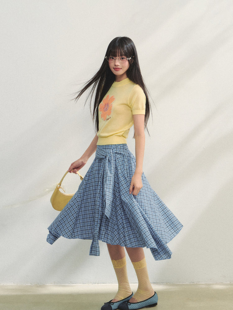 Blue Checkered Irregular Tie-Waist Skirt - CHINASQUAD