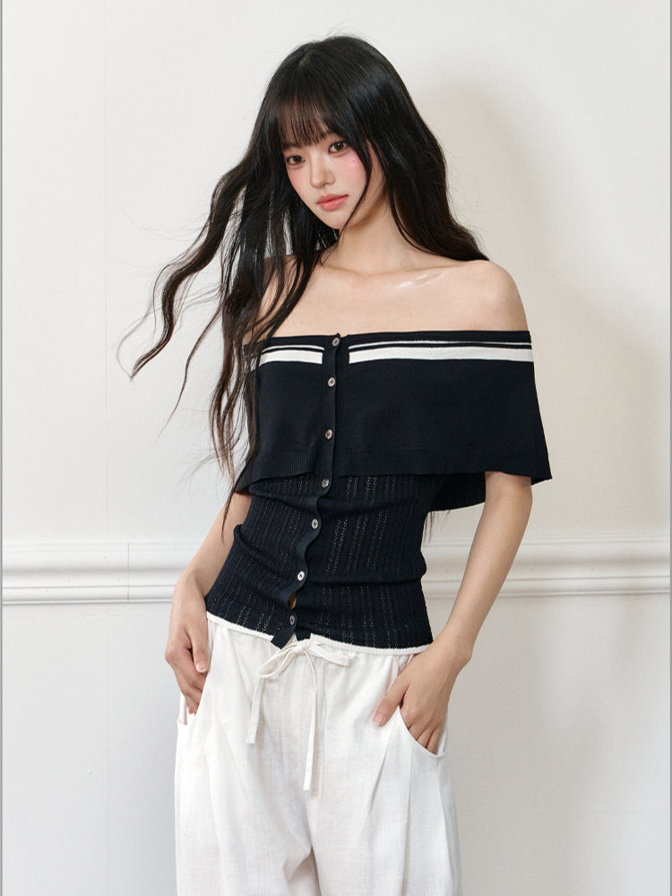 Color-block Off-shoulder Poncho-style Knit T-shirt - CHINASQUAD