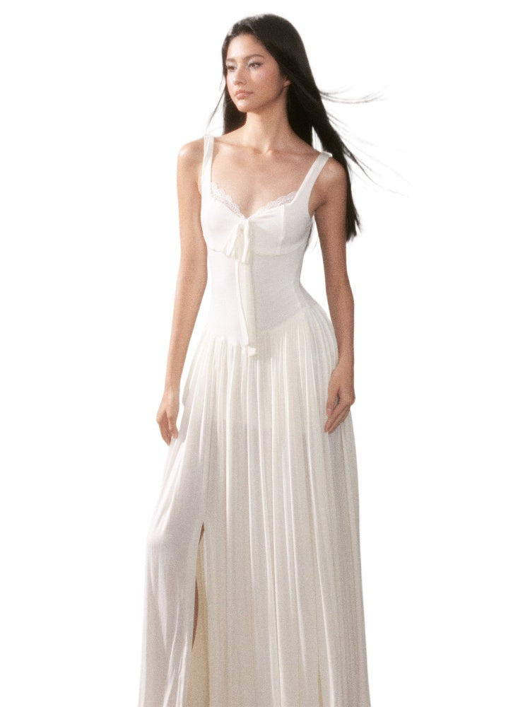 YZZIHE Mist Veil Muse Lace Knit Split Maxi Dress White (Pre-sale) / S