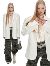 Black & White Floral Embroidered Leather Blazer - CHINASQUAD