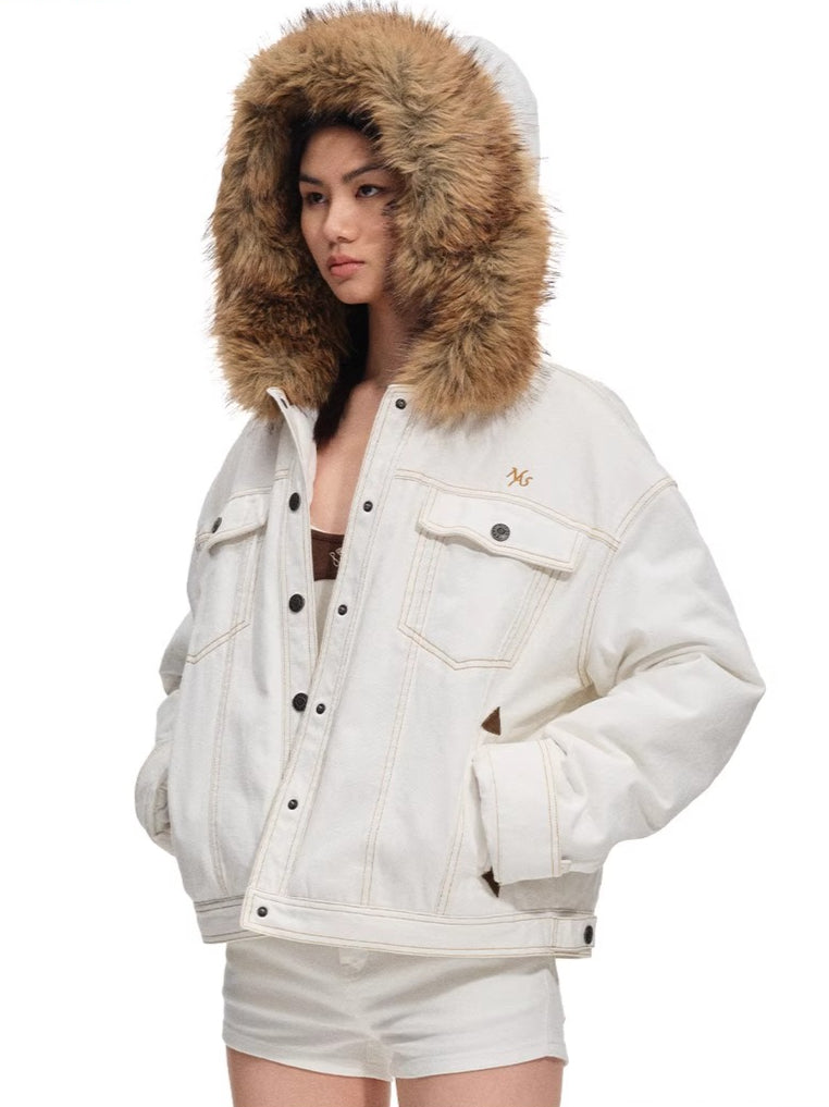 Polar Cotton Eco Fox Fur Collar Denim Jacket