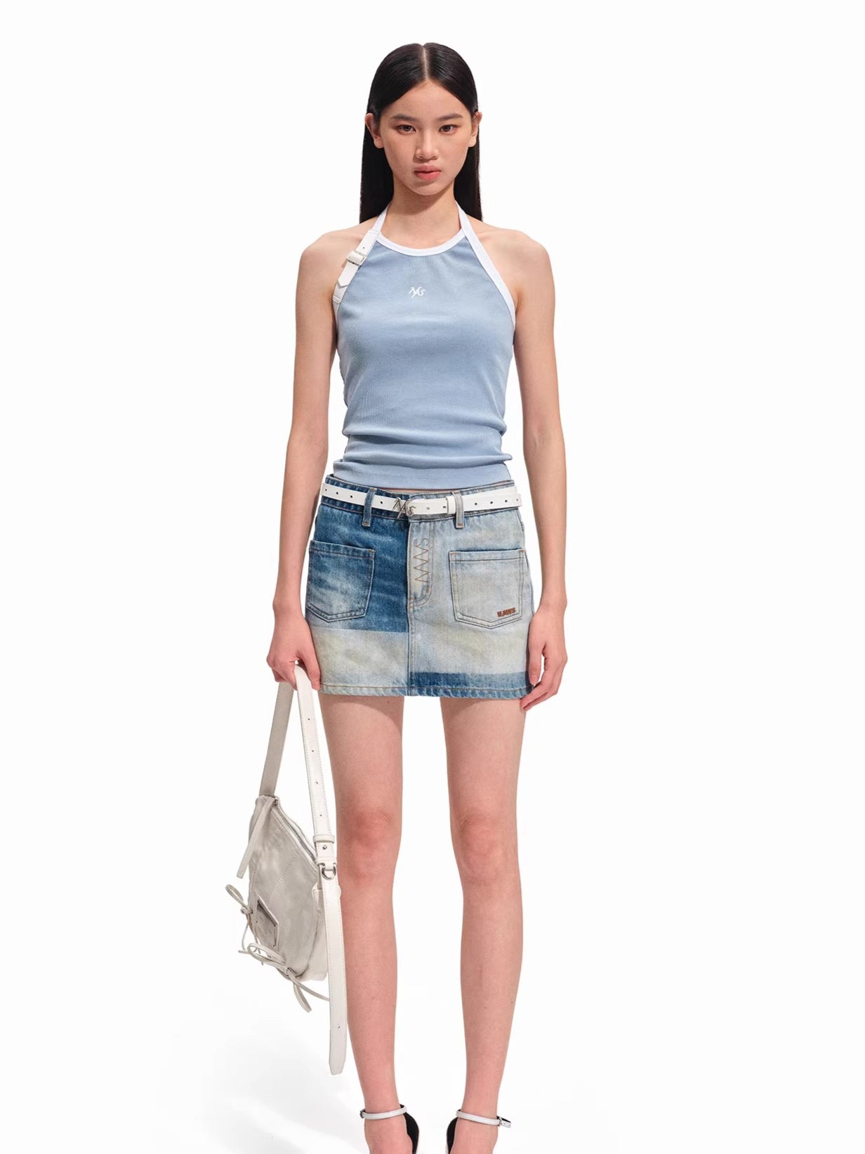 Contrast Panel Washed Denim Mini Skirt