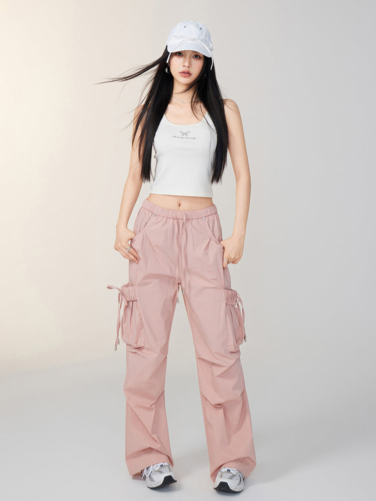 Bowknot Tie Waist Cargo Wide-Leg Pants - CHINASQUAD